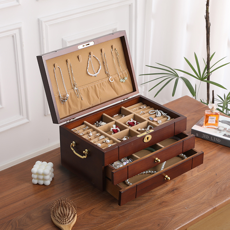 Fábrica transfronteriza caja de joyería de madera pendientes collar caja de almacenamiento caja de joyería de madera maciza vintage caja de anillo de joyería
