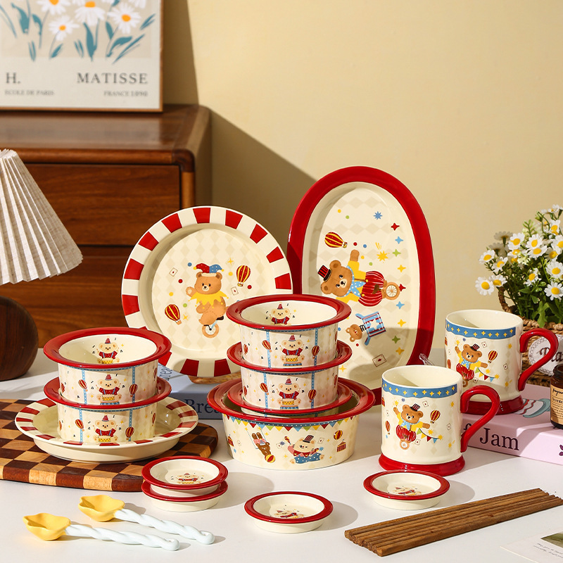 Circus Cute Ceramic Tableware suit Bowl Dish Plate High Color Value Couple Water Cup Bowl Birthday Gift Accompanying Gift