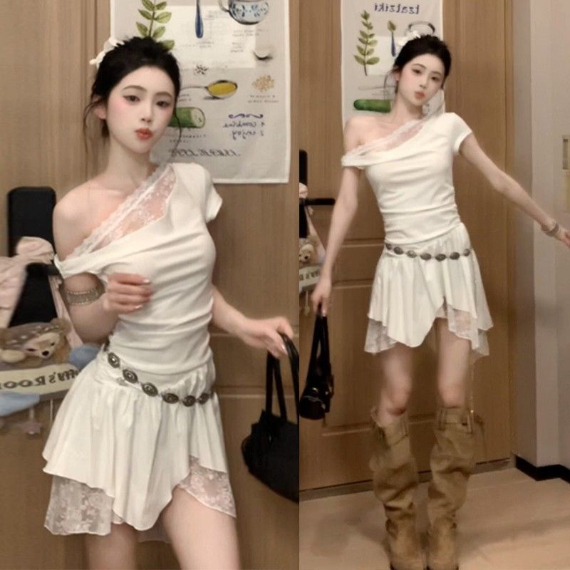 French-Style Pure Desire Off-Shoulder Lace Patchwork Dress for Women, 2026 Summer New Design, Irregular Short Dress French-Style Pure Desire Off-Shoulder Lace Patchwork Dress for Women, 2026 Summer New Design, Irregular Short Dress