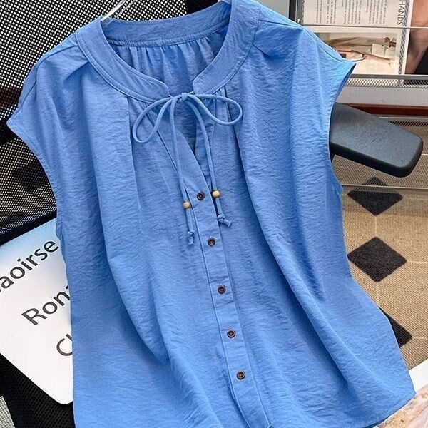 Klein Blue Plus-Size Solid Color Shirt with Tie, Short-Sleeve Slimming Top, Summer Shirt, Sleeveless Cardigan, Base Shirt Klein Blue Plus-Size Solid Color Shirt with Tie, Short-Sleeve Slimming Top, Summer Shirt, Sleeveless Cardigan, Base Shirt