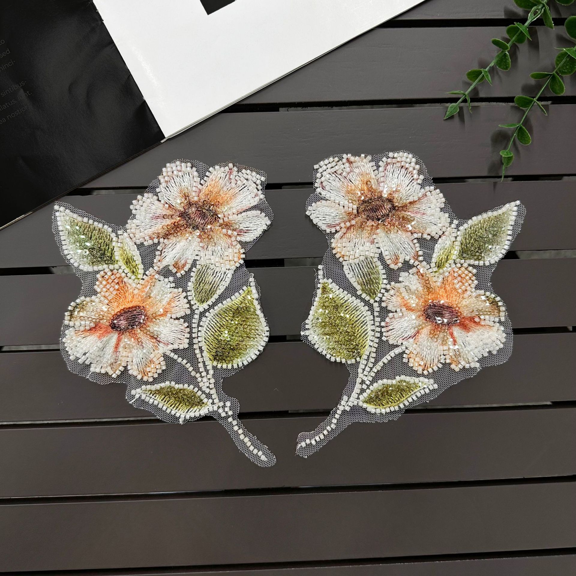 Sequin de cuentas de clavos pesados naranja flor bordada tela de malla de hilo de flor vestido de cheongsam accesorios de decoración parche