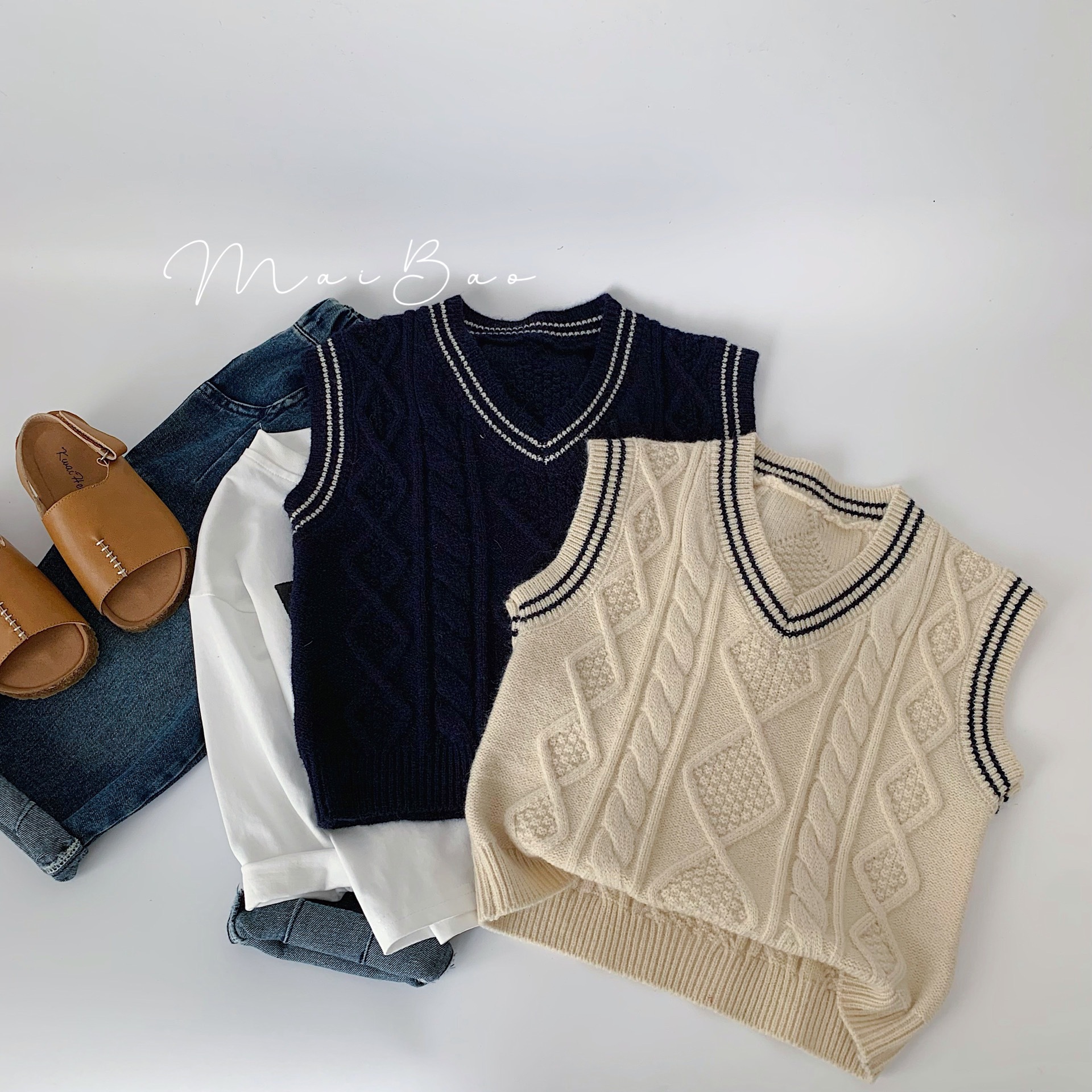 Maibao Chaleco de los niños 2024 primavera pollo collar chaleco ropa de los nuevos niños a rayas suéter de los muchachos casual top