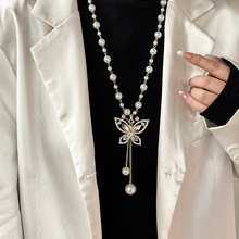 百搭玫瑰花珍珠项链时尚简约高级感毛衣链女优雅衣挂件配饰批发