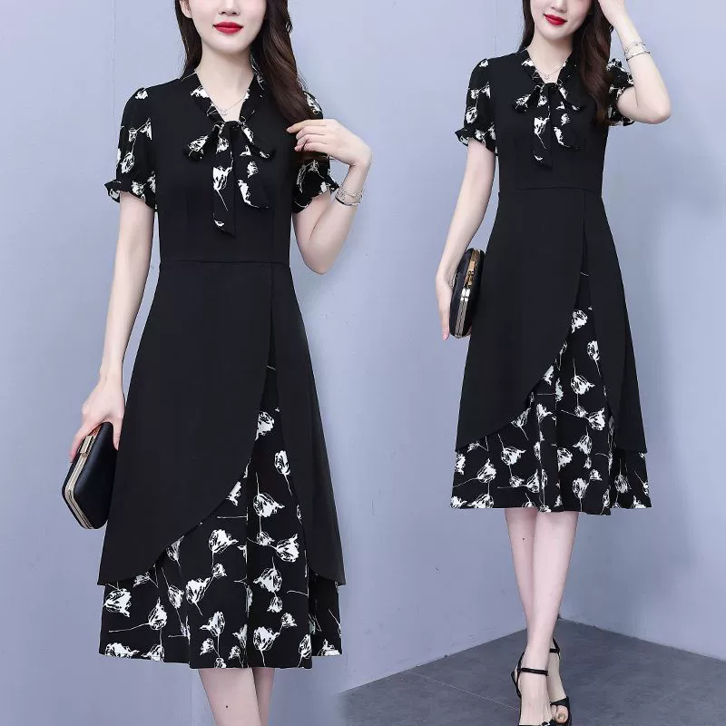 Платье больших размеров 2025, новая мода, имитация двух частей, стройная юбка с цветочным принтом, закрывающая живот, для богатых дам