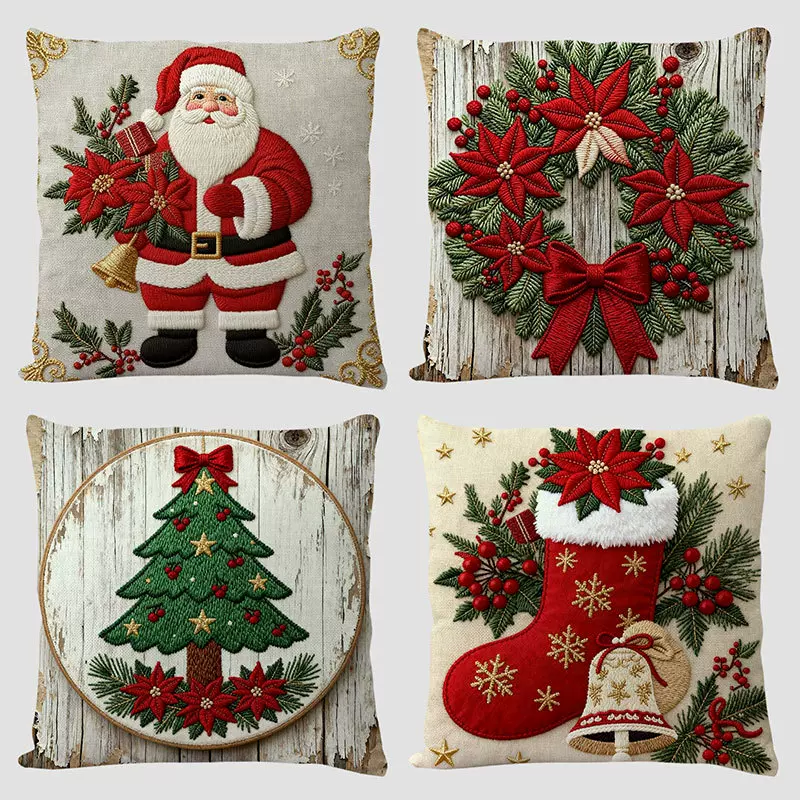 红色圣诞雪人花环抱枕套数码印花仿刺绣装饰节日老人沙发靠枕批发