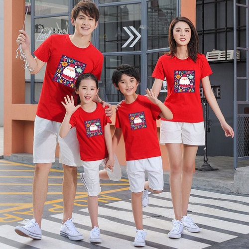 Christmas parent-child short-sleeved family wear for a family of three or four, western-style kindergarten activity class uniforms, mother-daughter T-shirts