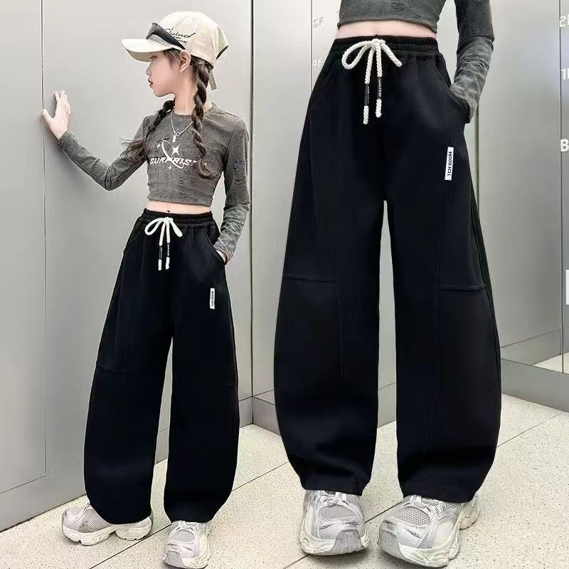 女童洋气裤子春秋季新款韩版时尚宽松百搭显瘦休闲运动阔腿直筒裤|undefined