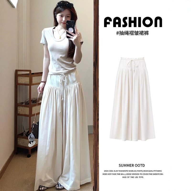 Stunning White Women's Summer Thin Pleated Loose-Fitting Casual Wide-Leg Pants with a Relaxed Feel and Good Drape