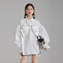 2025新款立体蝴蝶结喇叭袖中长款衬衫女2025春装宽松显瘦别致上衣