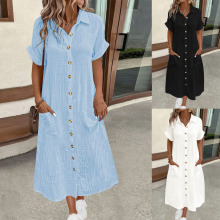 2025亚马逊跨境外贸纯色衬衫裙春夏季时尚舒适女式短袖长款衬衣裙