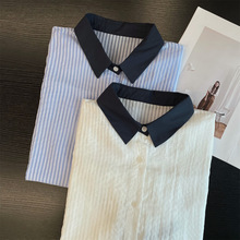工厂hao货重工萣制条纹肌理感气质撞色小翻领设计莼棉衬衫