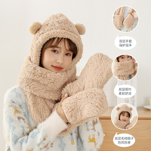 Winter hat, scarf, one-piece scarf, three-piece set, winter women's cold-proof, warm and ear-protecting plush hat manufacturer batch