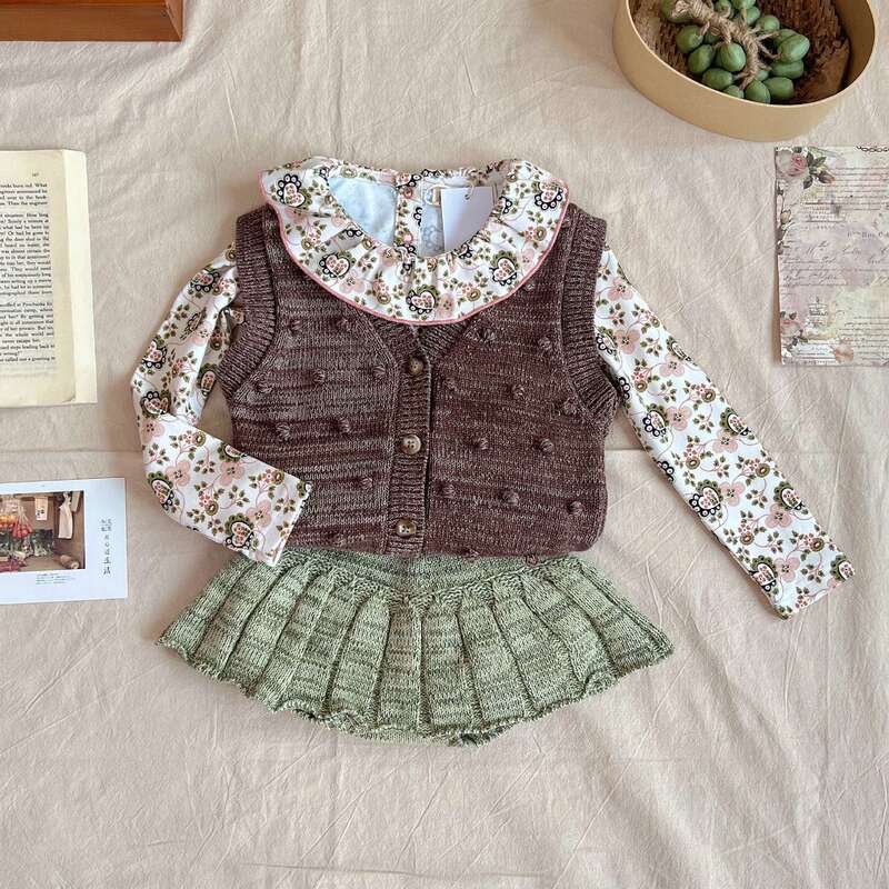 In Stock! Misha&Puff2025 Autumn and Winter New Popcorn Girls Retro Knitted Vest and Culottes Three-Piece Set
