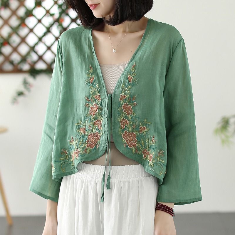 女装夏新款棉麻复古绣花小衫防晒衣系带百搭茶服衬衫外搭披肩