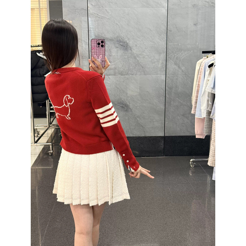 New Year Red Tb Knitted Cardigan for Women with Holiday Embroidery, Short Sweater Jacket Top New Year Red Tb Knitted Cardigan for Women with Holiday Embroidery, Short Sweater Jacket Top