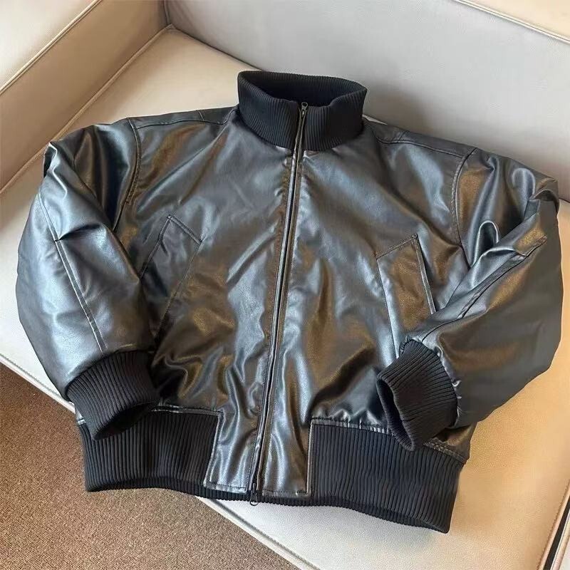 Pu Leather Pilot Jacket Cotton-Padded Men's Winter Thickened Short Leather Jacket with Stand Collar American-Style Baseball Jacket