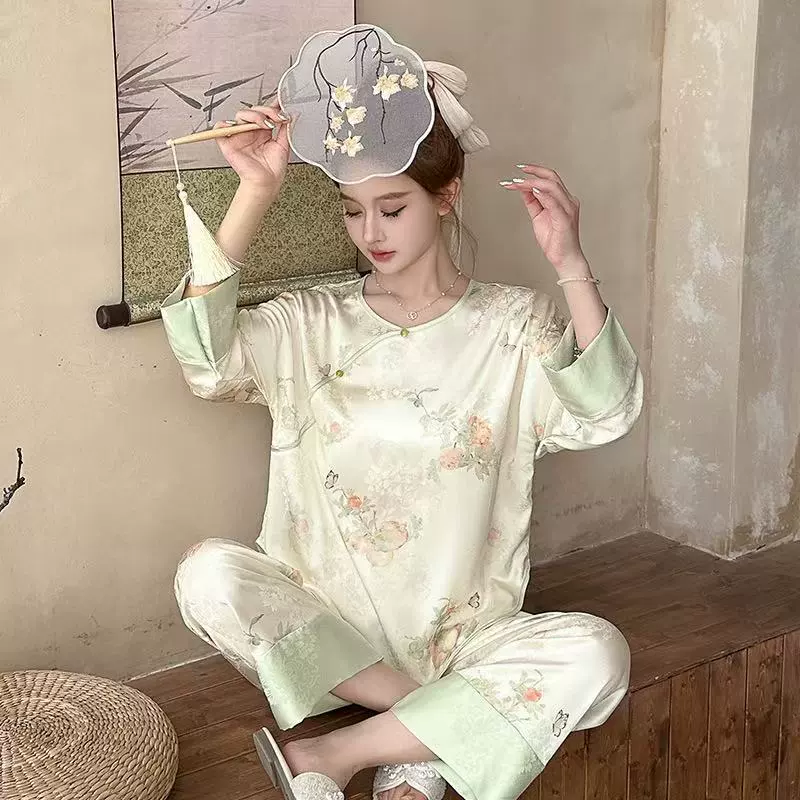 [Сливовый бамбук] Новая китайская пижама из ледяного шелка в старинном стиле, Женская весенне-Летняя шелковая Домашняя одежда, жаккардовая с круглым вырезом и рукавом 3/4, Кондиционер