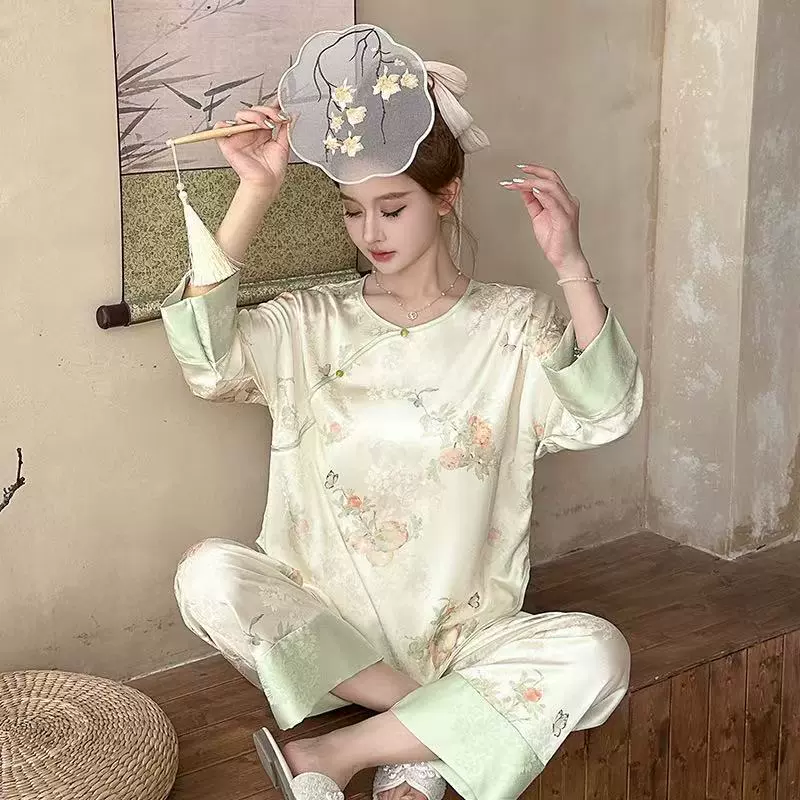 【梅竹】新中式古风冰丝睡衣女春夏丝绸家居服提花圆领七分袖空调