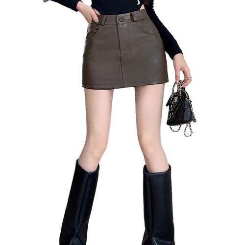 Spice girl short skirt coffee color pu leather skirt women autumn and winter new style high waist large size fat mm slimming bag hip skirt
