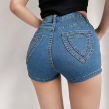 ins辣妹风高腰牛仔短裤女2022夏季新款一粒扣爱心口袋牛仔热裤女