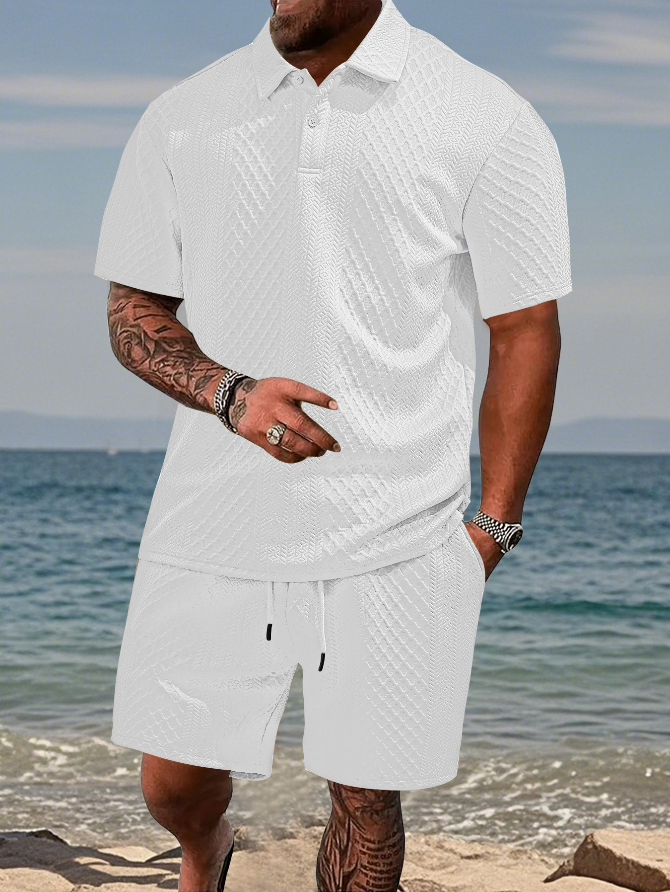 Herren Freizeit Sport Jacquard Polohemd Und Shorts Set Sommer_voghion.com