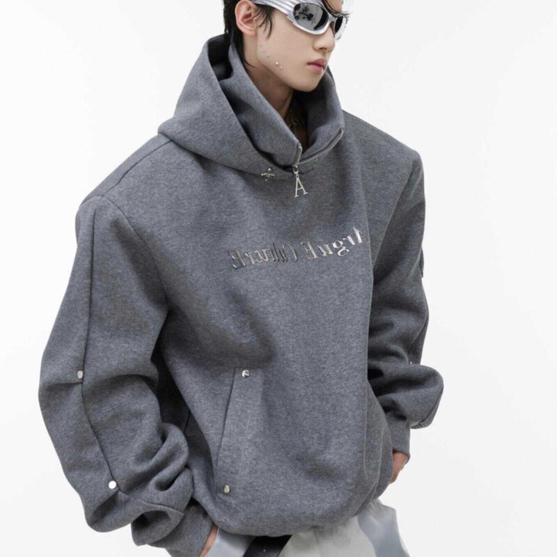 2026 Spring and Autumn Unique Deconstructed Sequin Design Hooded Sweatshirt with Double-Layer High Collar and Metal Buttons, Pleated Top for Men 2026 Spring and Autumn Unique Deconstructed Sequin Design Hooded Sweatshirt with Double-Layer High Collar and Metal Buttons, Pleated Top for Men