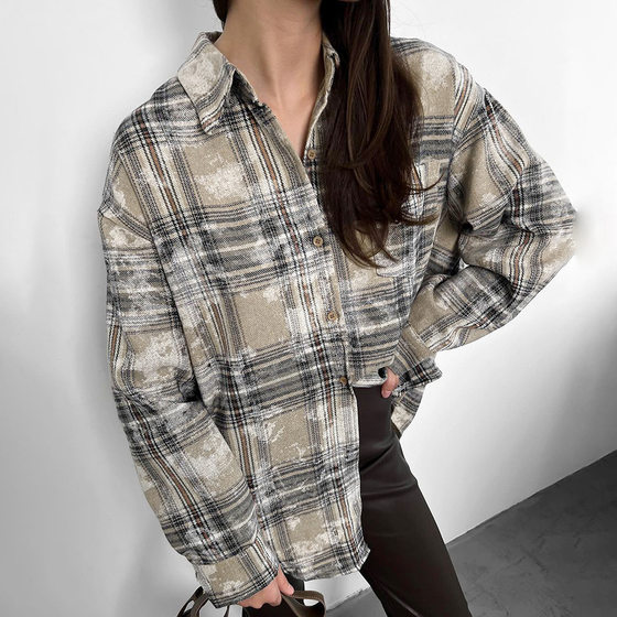 Cross-border European and American retro loose cotton plaid shirt 2024 autumn and winter New Long Sleeve design plaid shirt for women