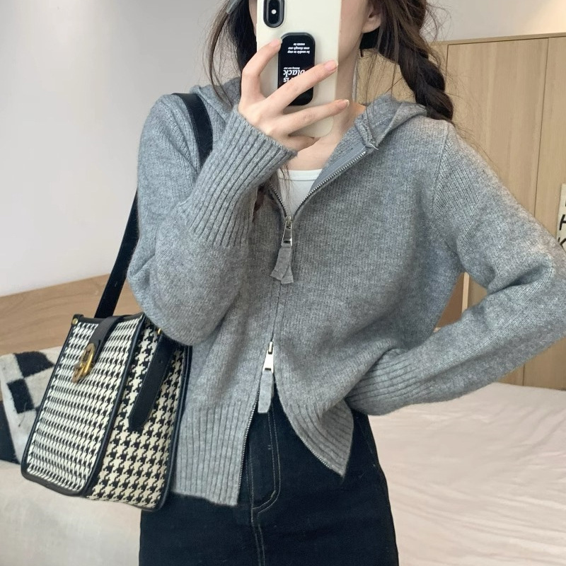 短款连帽双拉链针织衫女潮秋冬新款收腰显瘦洋气小个子毛衣女外套|undefined