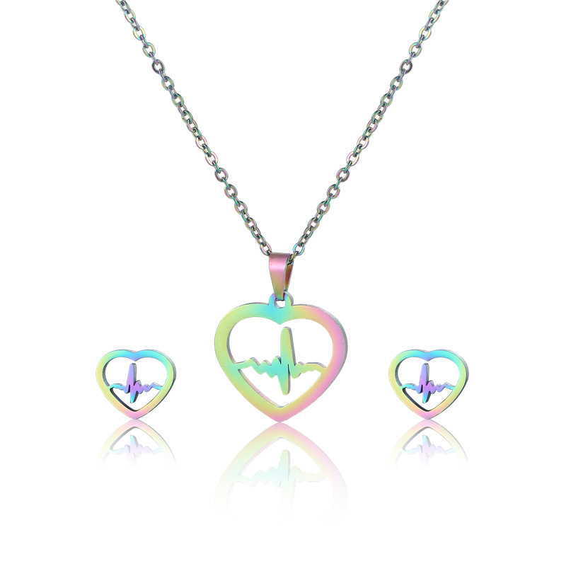 ECG Pendant Stainless Steel Colorful Heart-shaped Clavicle Chain Earring Set