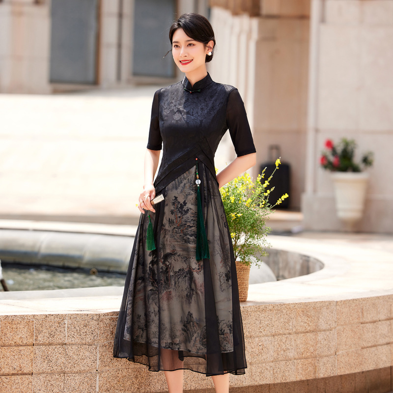 2023 New Spring/Summer Cheongsam Women's Retro Black Long Dress, Elegant and Beautiful, Modified Slim Fit for Mothers