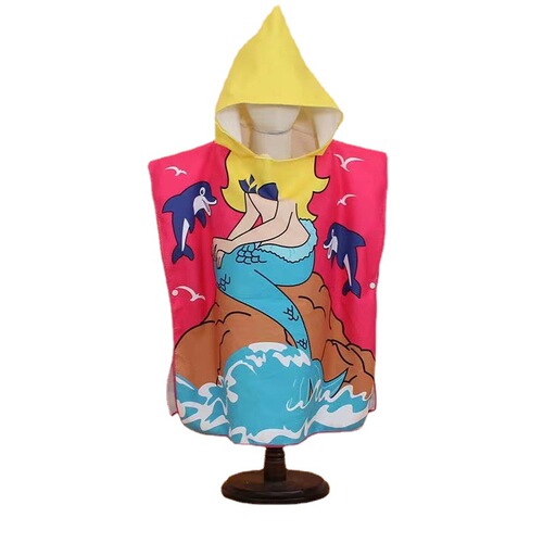 Children's bath towel cape, easy-to-absorb digital cartoon printed outdoor robe, ultra-fine fiber hooded beach towel