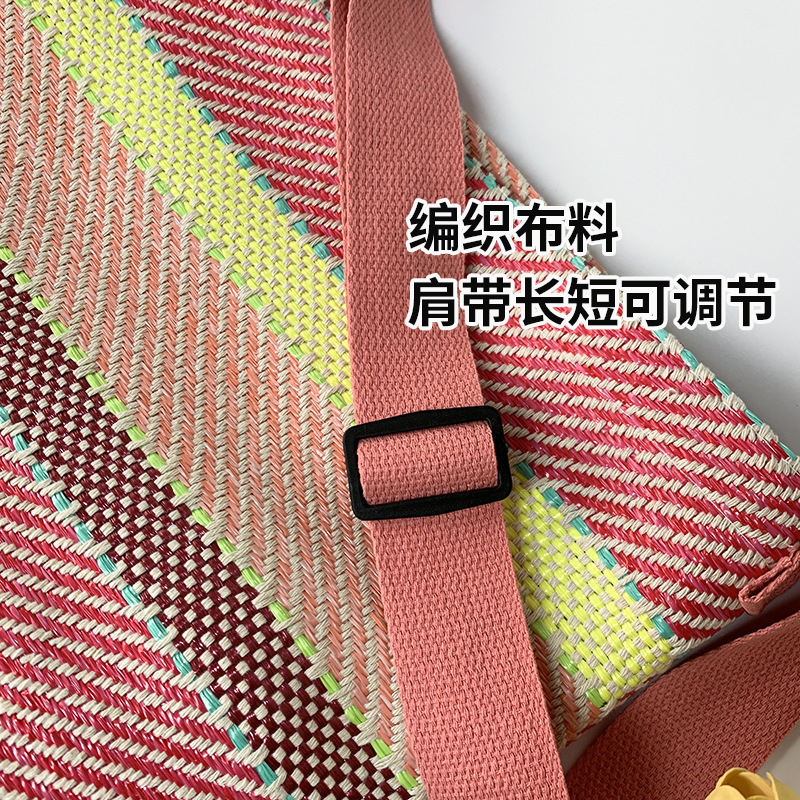 Bolso tejido rojo rojo nuevo estilo de costura de rayas de color en contraste clase bolso de viaje bolso de hombro cruzado bolso de paja