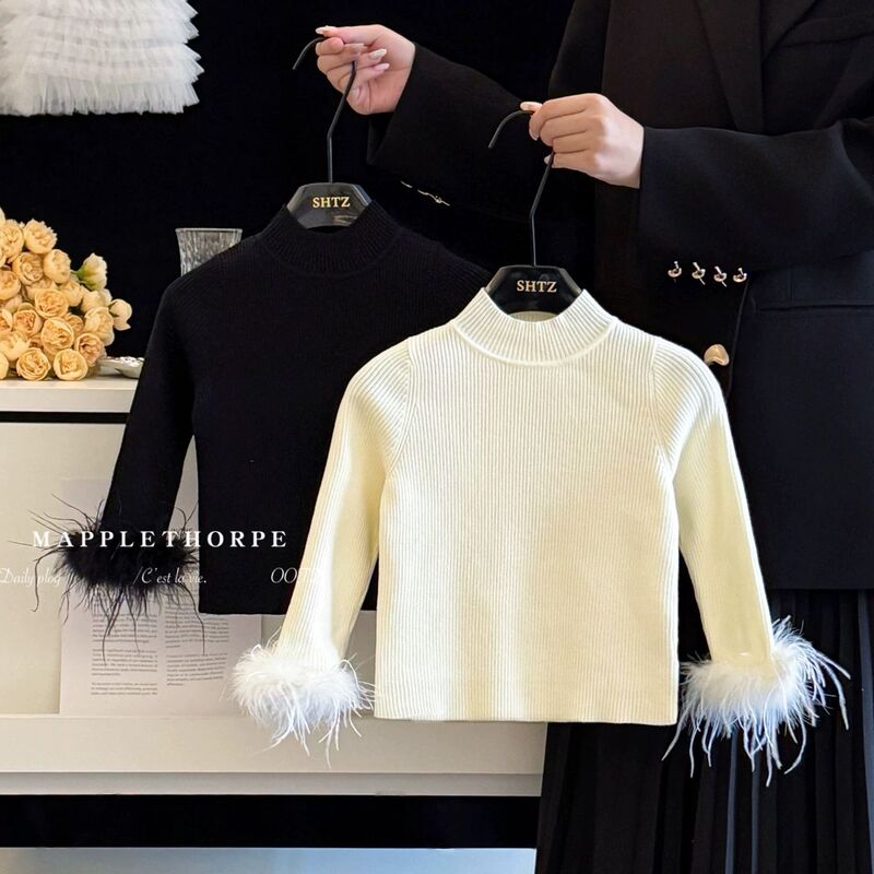 New Winter Style Girls' Knitted Base Shirt with Half-High Collar and Velvet Trim, Festive and Versatile New Year Outfit New Winter Style Girls' Knitted Base Shirt with Half-High Collar and Velvet Trim, Festive and Versatile New Year Outfit