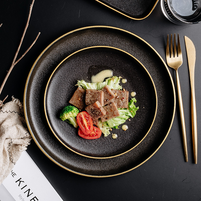 Gold-Rimmed Ceramic Plate Steak Dinner Plate Pasta Plate Western Dinner Plate Black Frosted Plate Fruit Plate Round Plate Breakfast B&