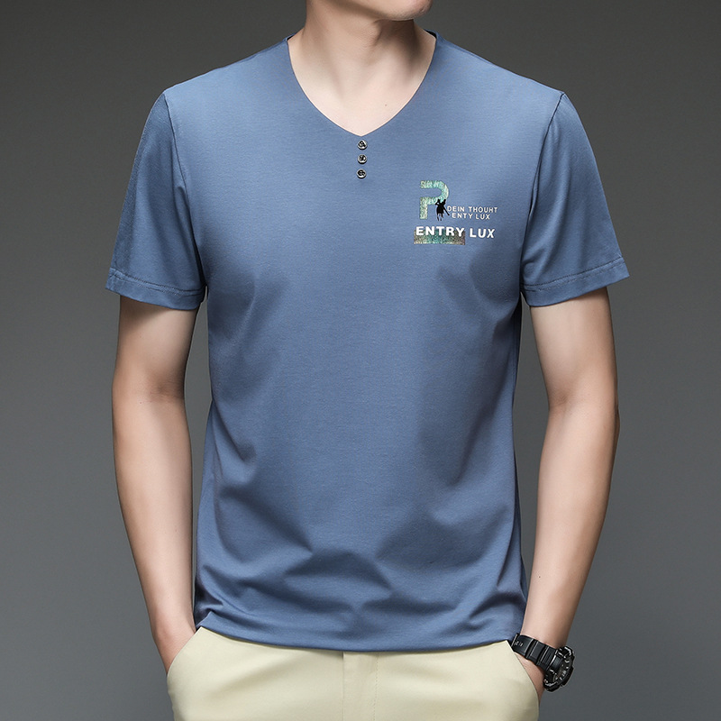 2023 Sommer V-Ausschnitt Kurzarm Baumwolle Mode Lässig Trendy Lose T-Shirt Herren Top Papa Dress Up_voghion.com