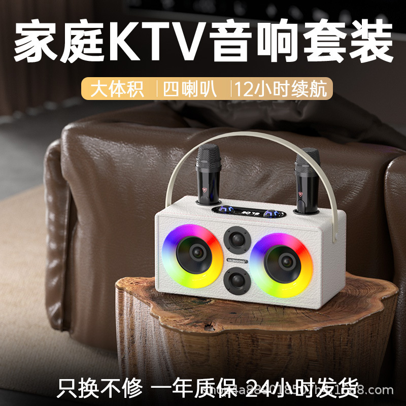 Dual-Microphone Bluetooth Speaker Ktv Mini Speaker Rock Subwoofer Integrated Home Audio System with Dual Microphones