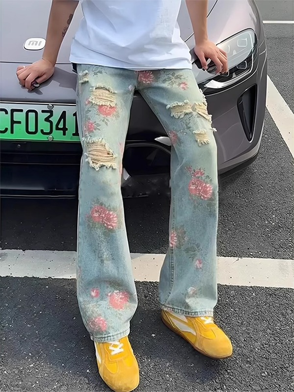 花卉破洞牛仔裤男款夏季美式高街设计感裤子显腿长提档微喇直筒裤|undefined
