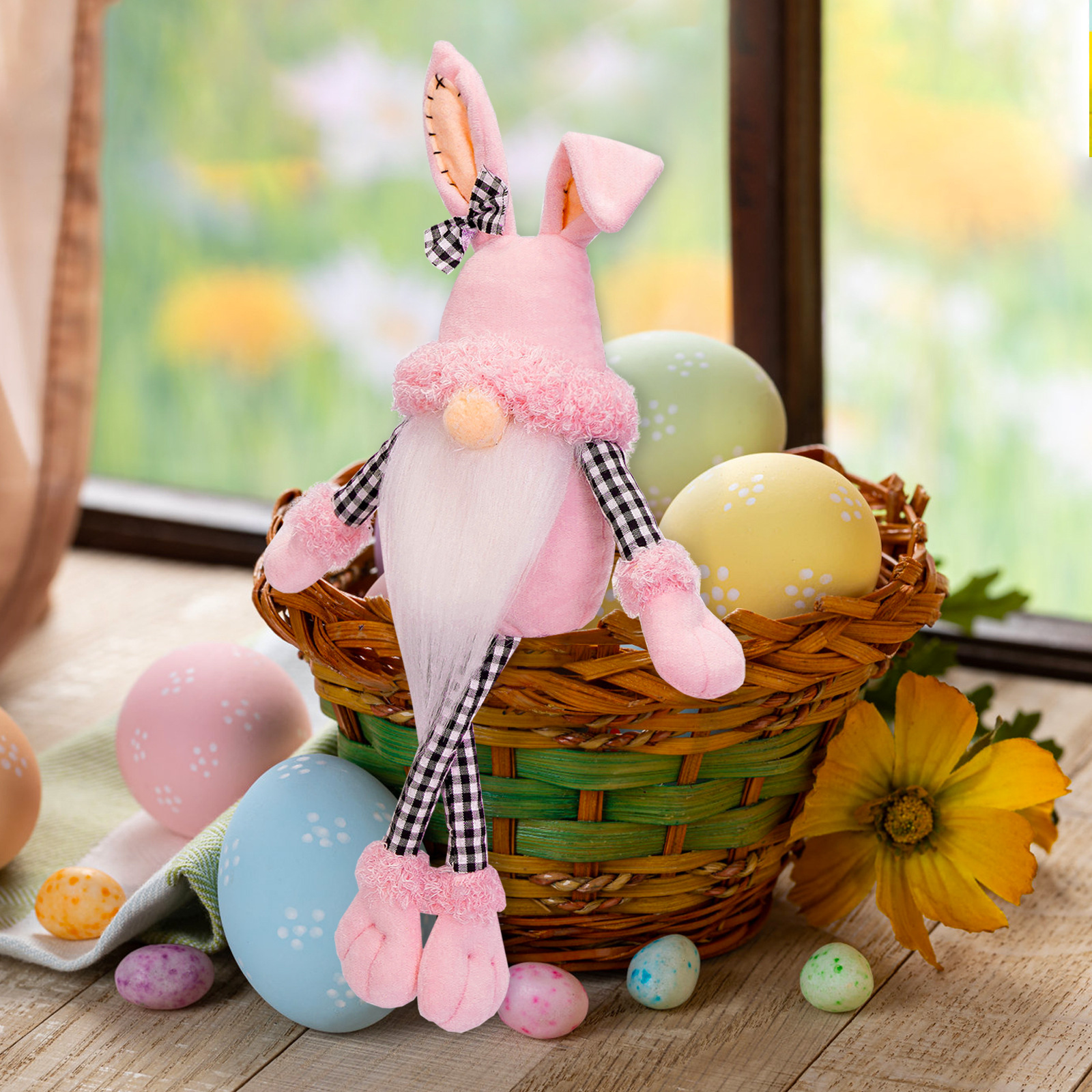 Transfronterizo nuevo conejo de Pascua muñeca pierna larga sentada muñeca decoración vacaciones decoraciones para el hogar
