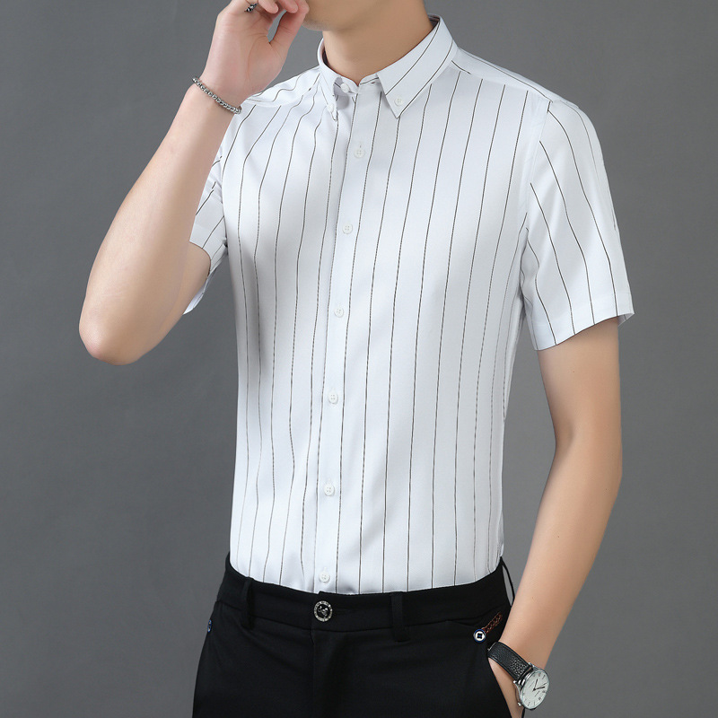 Very Stylish Design! Fashionable and Versatile Men's Elastic Ice Silk Light Luxury Striped Casual Short-Sleeve Shirt