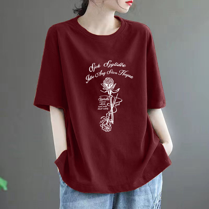 Pure Cotton Short-Sleeved T-Shirt 2026 Summer New Style Retro Fashion Casual Half-Sleeved Work Clothing Versatile Round Neck Printed Top Pure Cotton Short-Sleeved T-Shirt 2026 Summer New Style Retro Fashion Casual Half-Sleeved Work Clothing Versatile Round Neck Printed Top