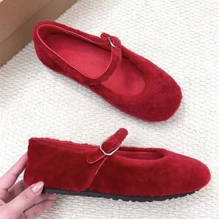 红色毛绒玛丽珍鞋女秋冬新加绒平底单鞋复古一字扣毛毛鞋浅口软底