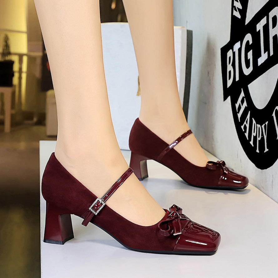 5296-H81 Leopard Print Color Block Mary Jane With Bowknot, Rhinestones, Square Toe, Suede, Shallow Mouth, Chunky Heel_vogvips.com