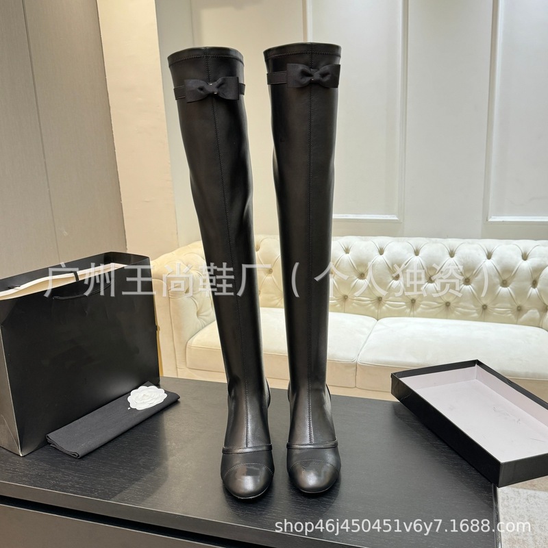 高定25年新款小香风名媛玛丽珍圆头粗跟拼色后拉链百搭蝴蝶结高靴|undefined