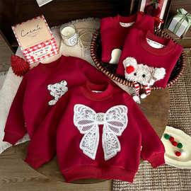 女童新年喜庆蝴蝶结卡通加绒保暖卫衣2026冬季儿童红色加厚上衣