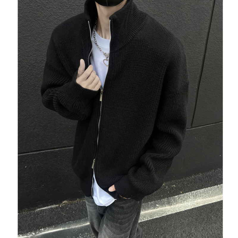 慵懒风毛衣男秋冬设计感双拉链开衫立领外套男宽松休闲针织衫开衫|undefined