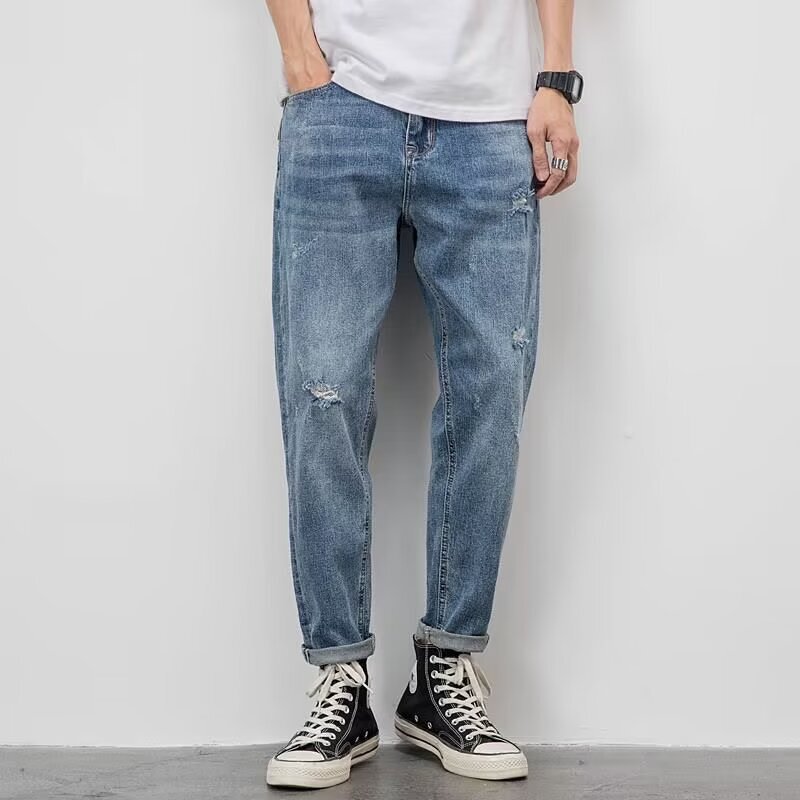 Washed Light Color Jeans Men's Loose Straight Ripped Casual Trendy Brand Cropped Pants Tapered Trousers Stretchy Summer Washed Light Color Jeans Men's Loose Straight Ripped Casual Trendy Brand Cropped Pants Tapered Trousers Stretchy Summer