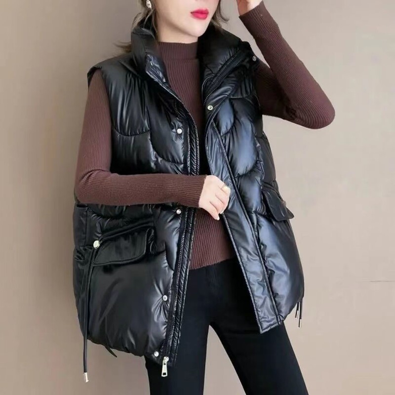2024 Korean-style Wash-free Shiny Down Cotton Vest Women's Short Loose Vertical Collar Vest for Winter Outer Waiver