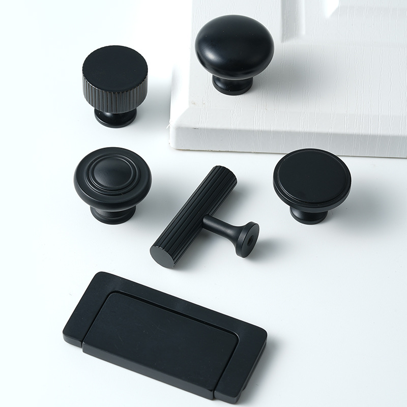 Modern minimalist matte black solid copper handle with round dots, single-hole brass cabinet drawer pull