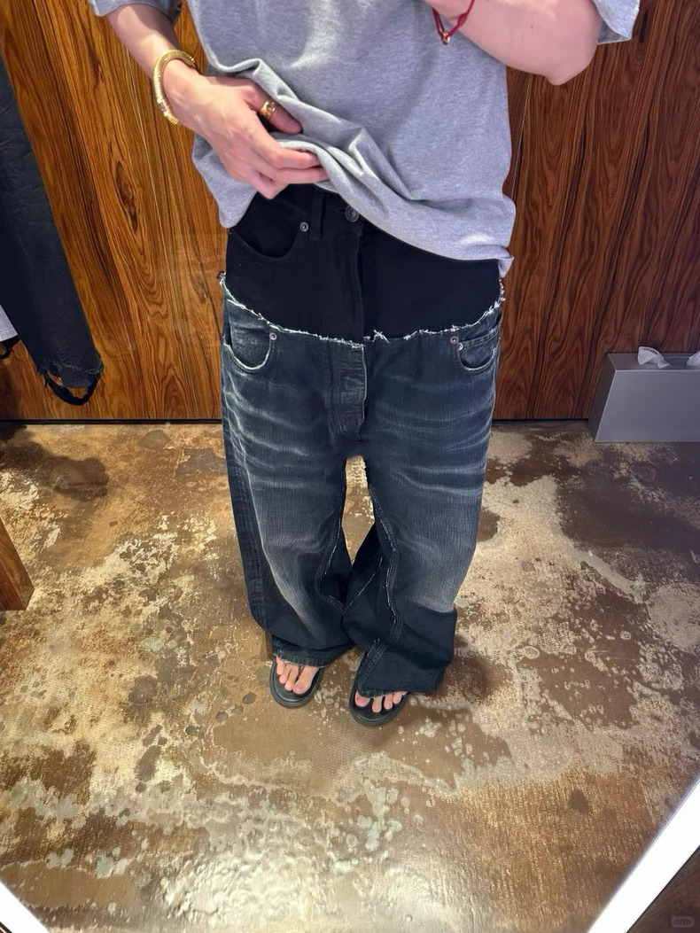 Alta carga 25ss nuevo estilo de resina de la industria pesada más barro teñido arrugado bigote de gato pierna ancha negro azul costuras pantalones de mezclilla para hombres y mujeres marea