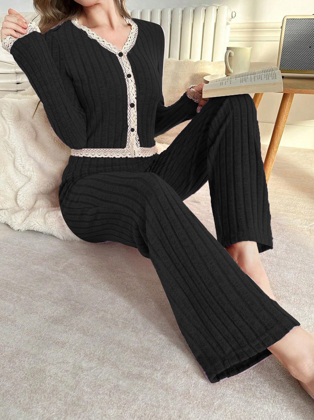 Women's Cropped Pajamas - Lace Trim Top & Pants Set, Stylish Home Wear_voghion.com
